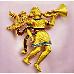 Vintage Museum of American Folk Art Angel Trumpeting Brooch Gold Tone Enamel